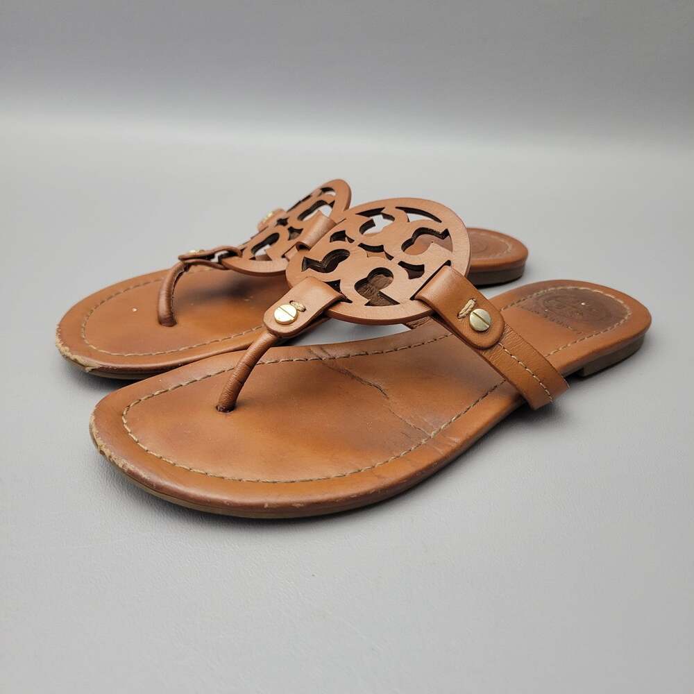 Tory Burch Miller Thong Sandals Brown Leather Logo Slip On US 6 M
